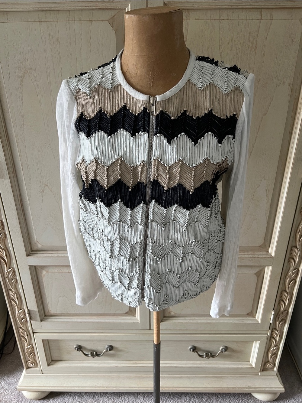 Love Sam Anthropologie Front Zip Jacket in Ivory, Beige & Black NWOT